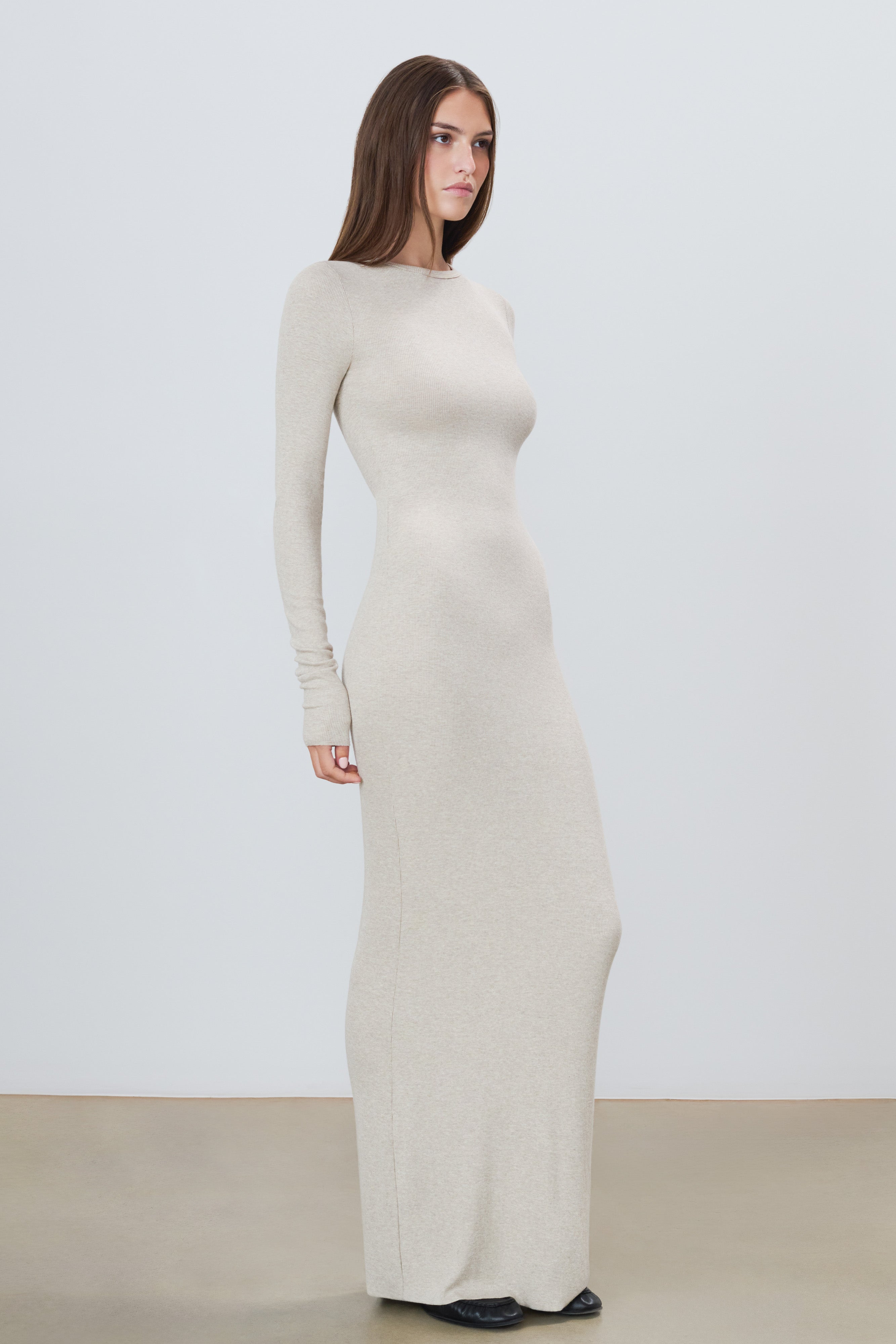 Long Sleeve Crewneck Maxi Dress Heather Oatmeal