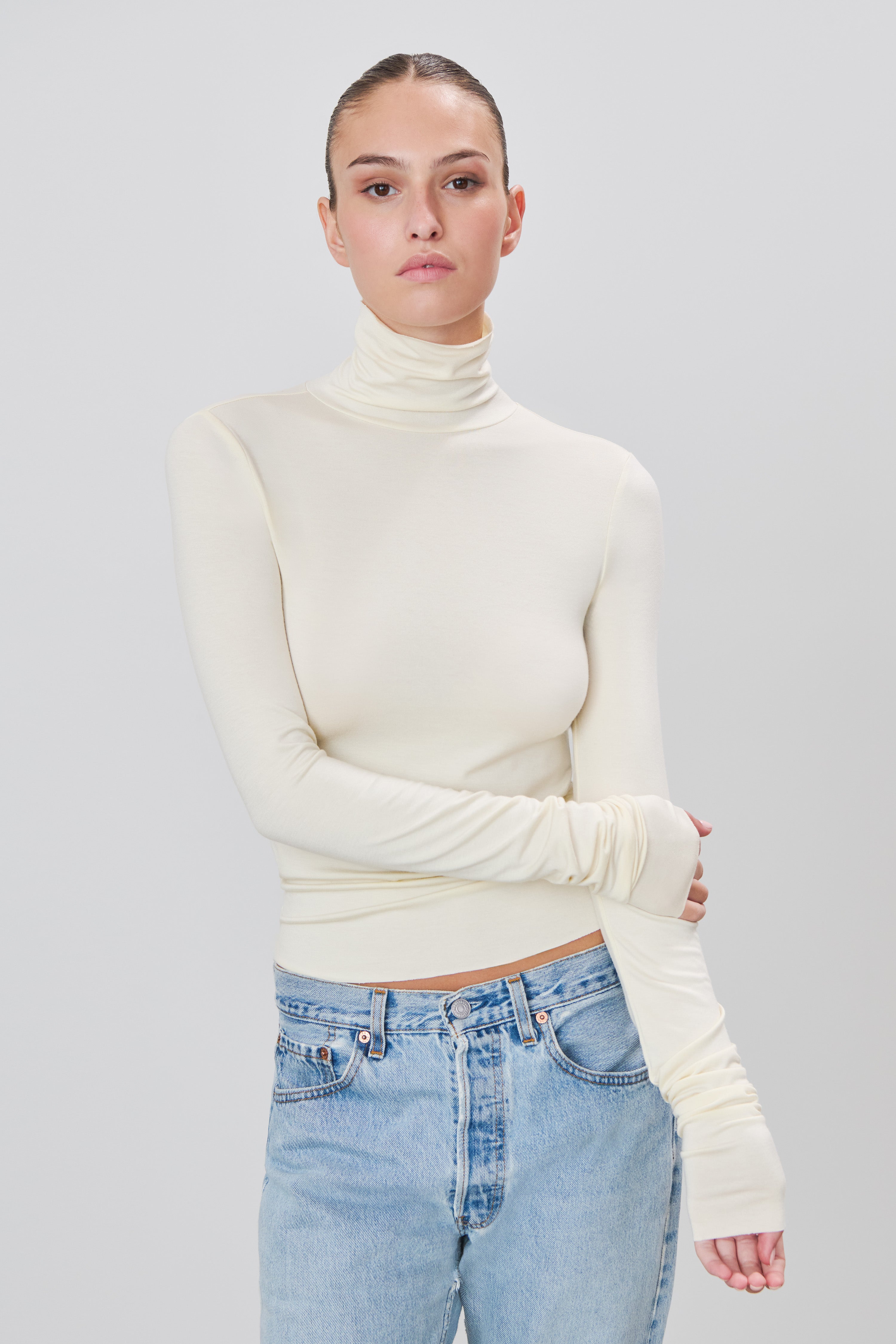 Soft Jersey Fitted Turtleneck Top Cream