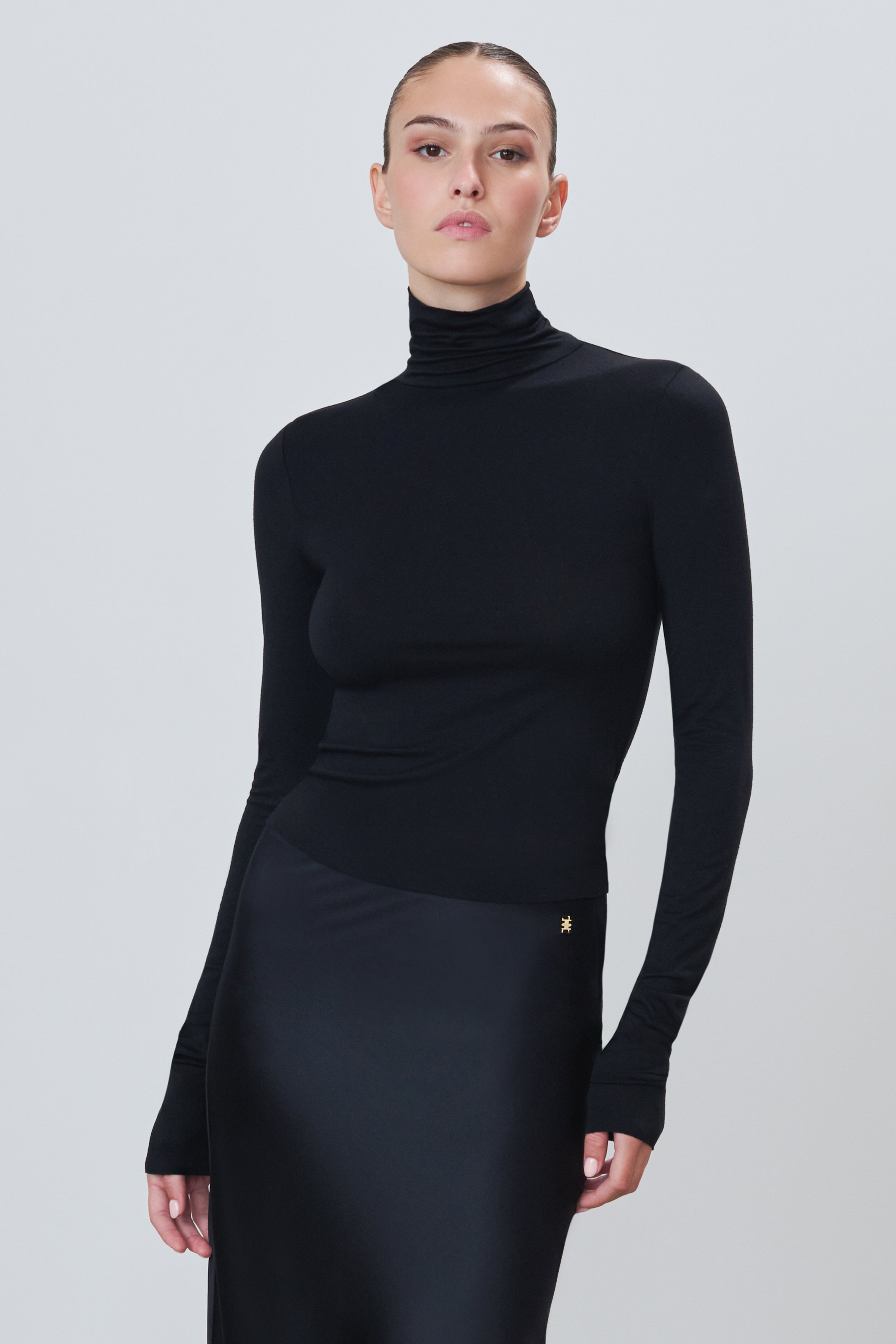 Soft Jersey Fitted Turtleneck Top Black