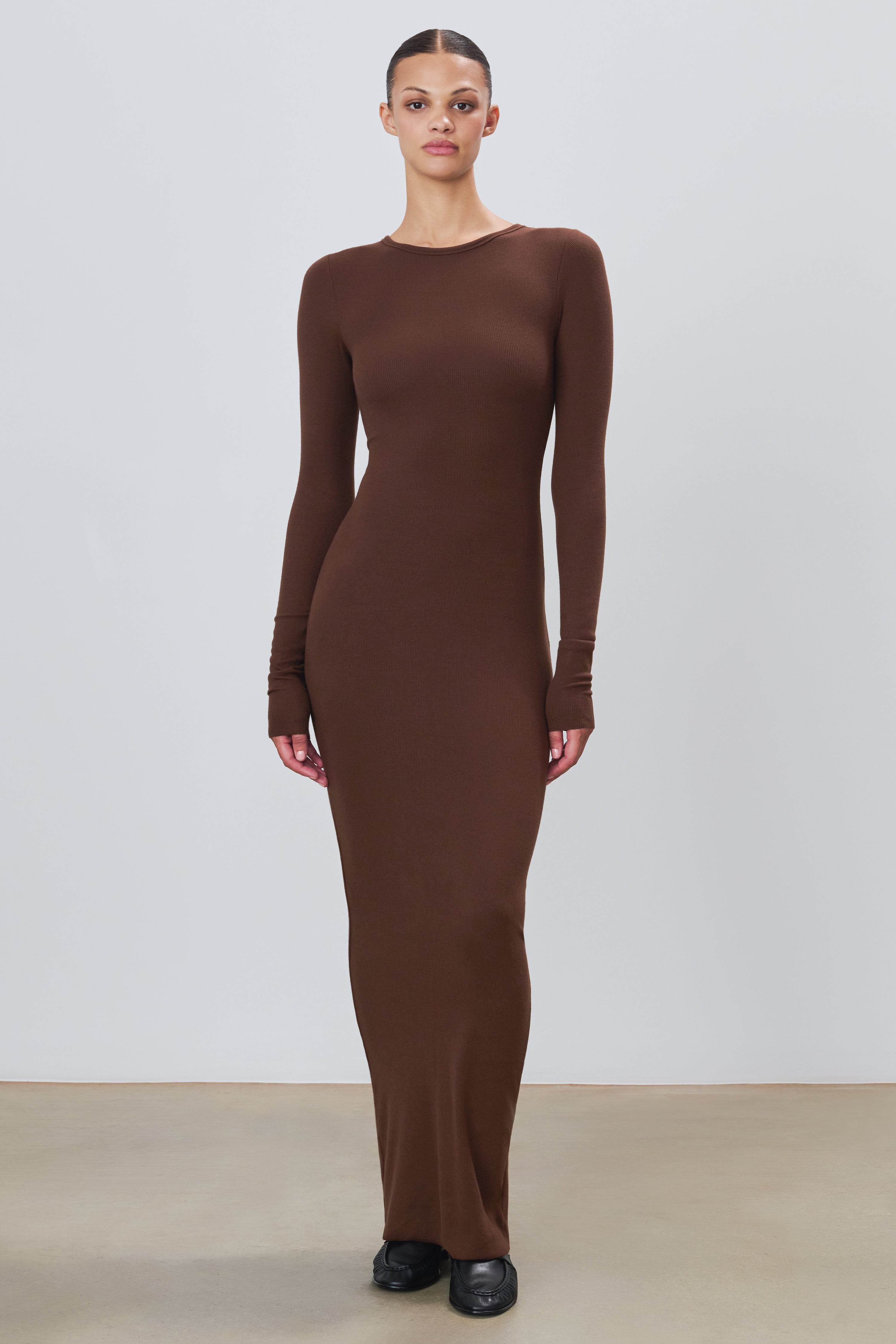 Long Sleeve Crewneck Maxi Dress Chocolate