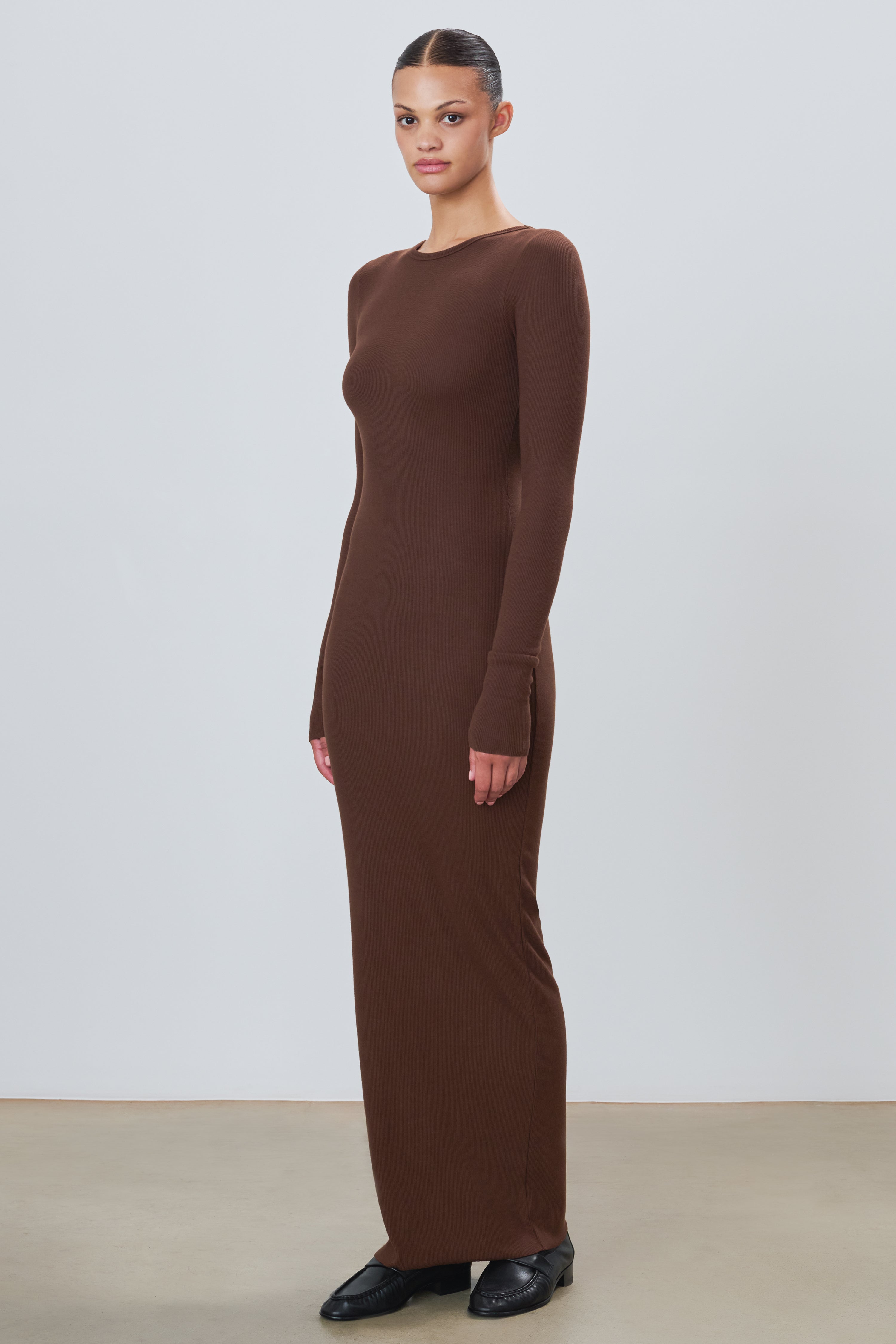 Long Sleeve Crewneck Maxi Dress Chocolate