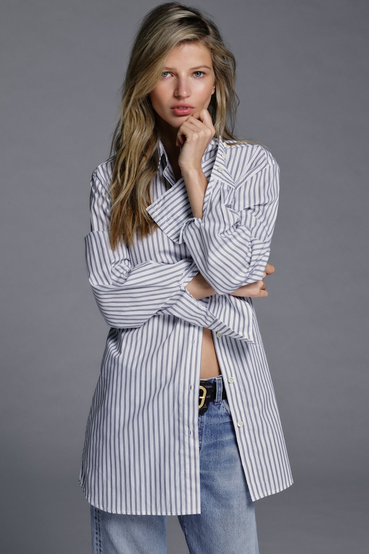 Poplin Oversized Button Down Black/White Stripe