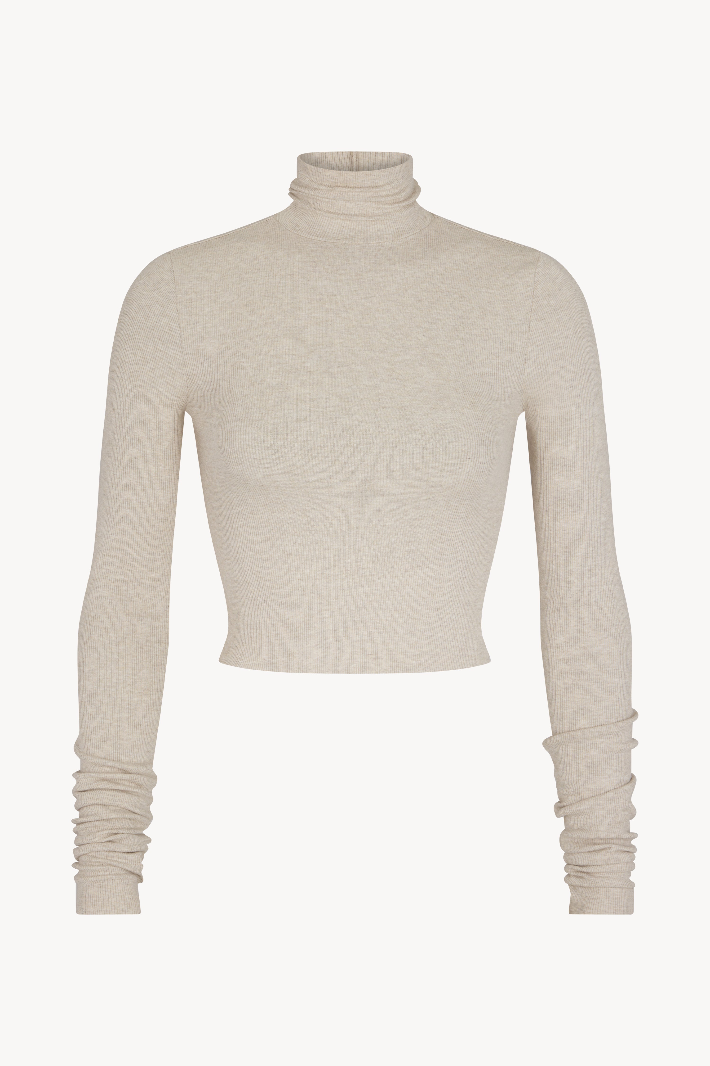 Butter Rib Cropped Fitted Turtleneck Top Heather Oatmeal