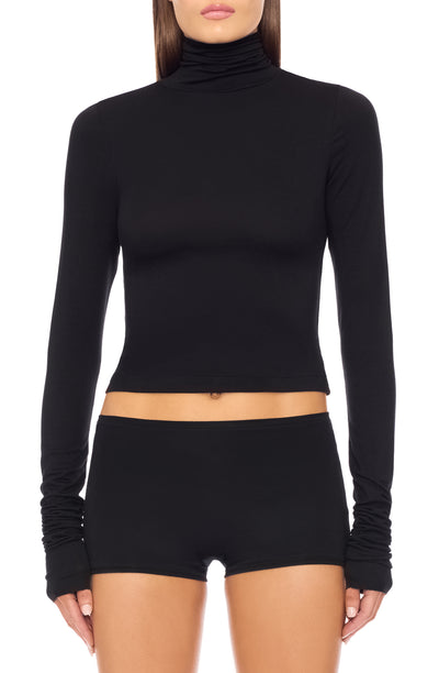 Cropped Fitted Turtleneck Top Black