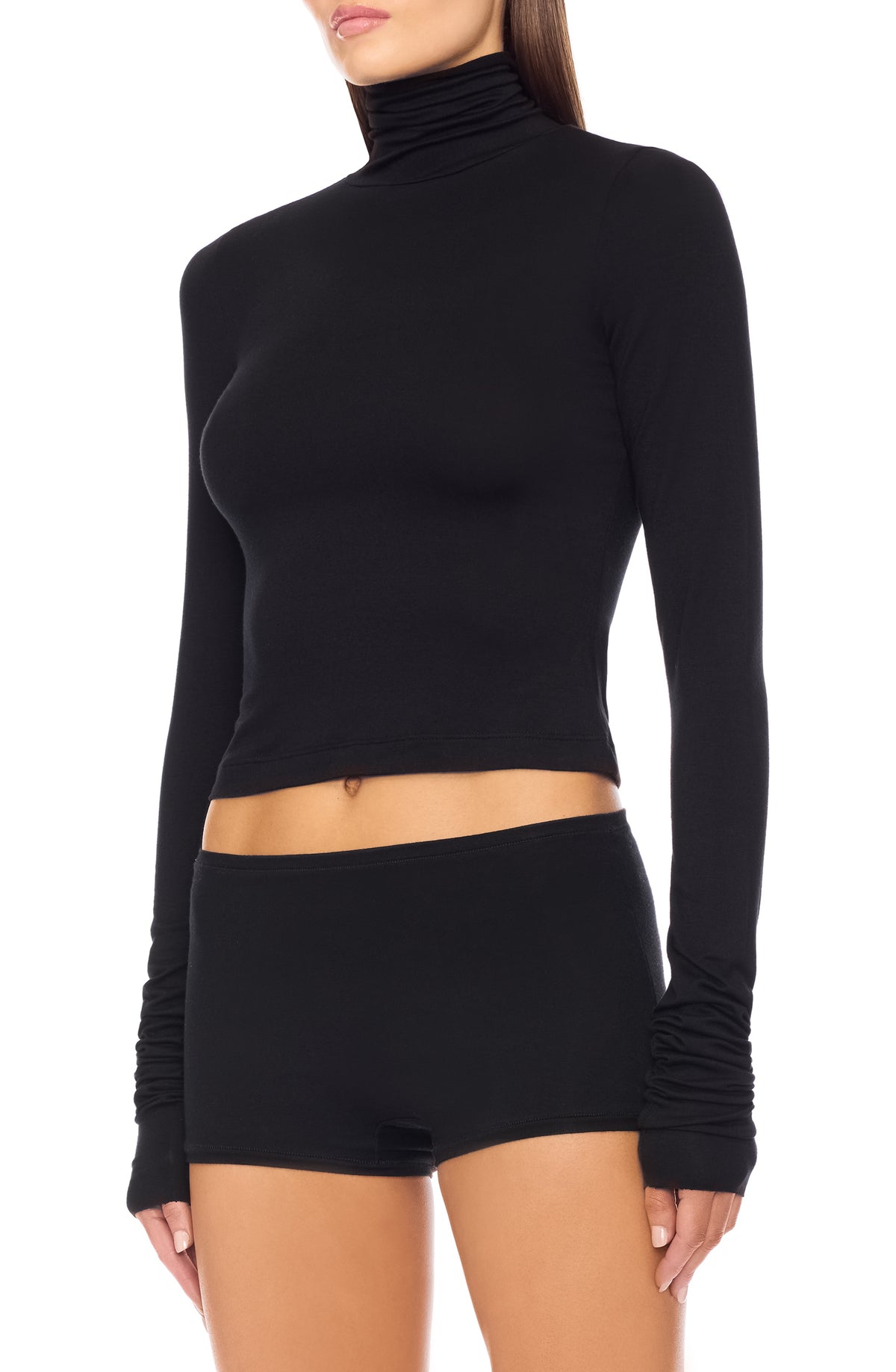 Cropped Fitted Turtleneck Top Black