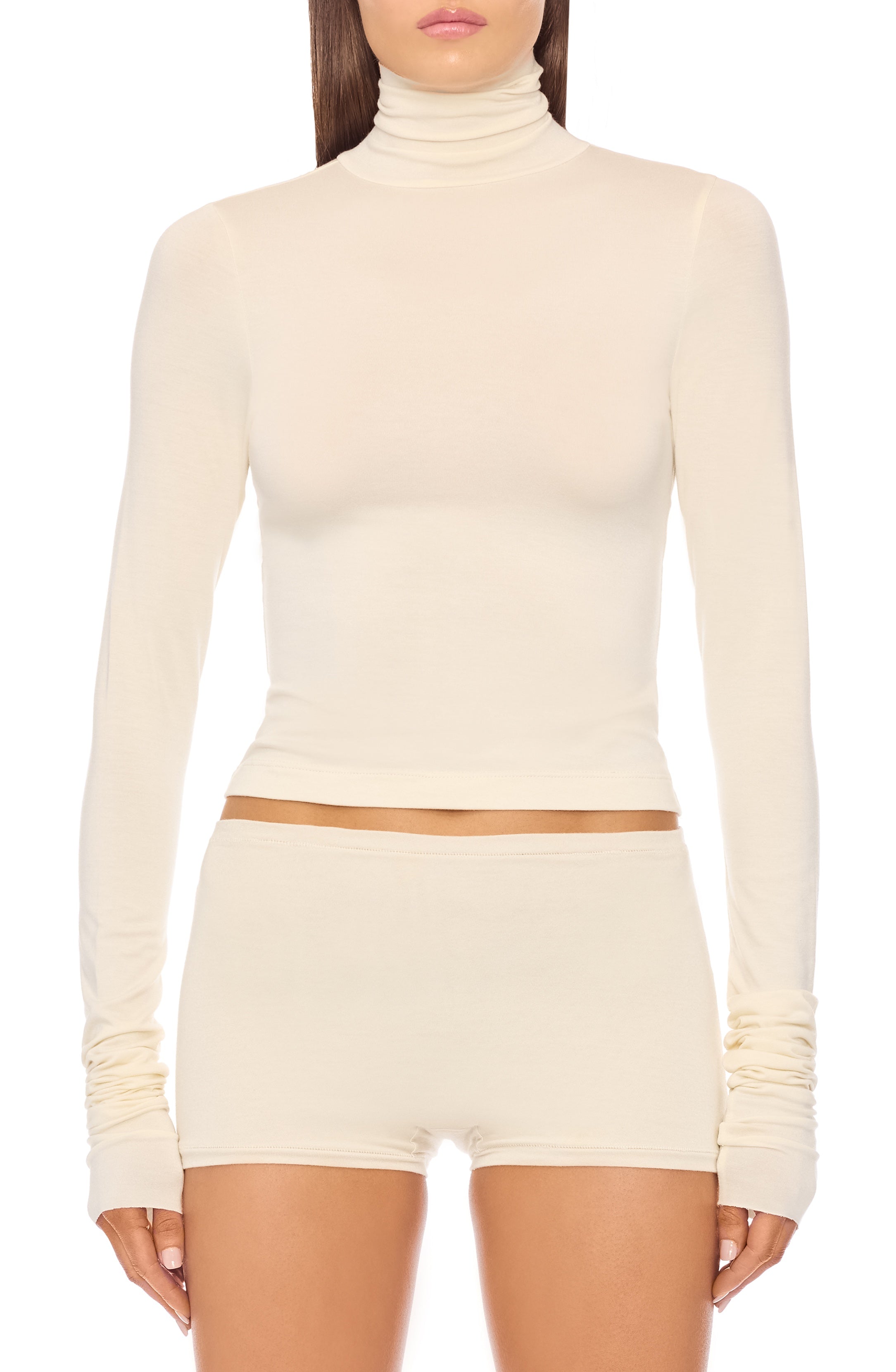 Soft Jersey Cropped Fitted Turtleneck Top Cream