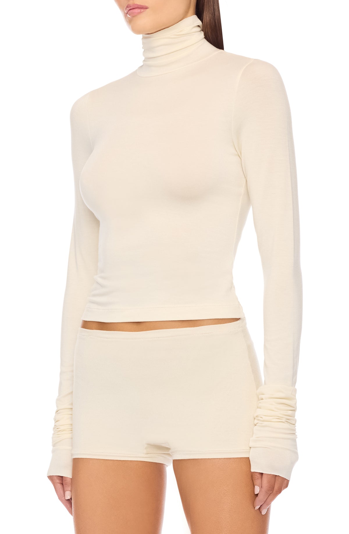 Cropped Fitted Turtleneck Top Cream