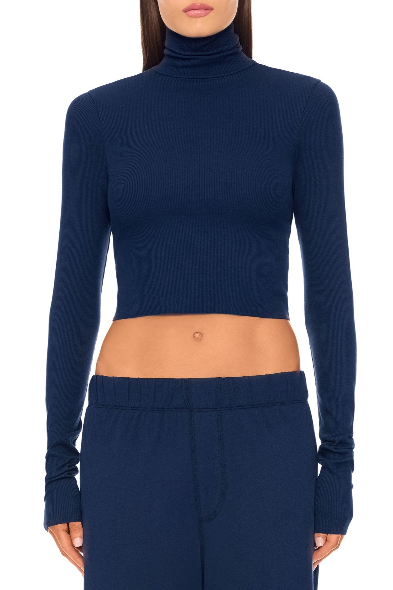 Butter Rib Cropped Fitted Turtleneck Top Navy