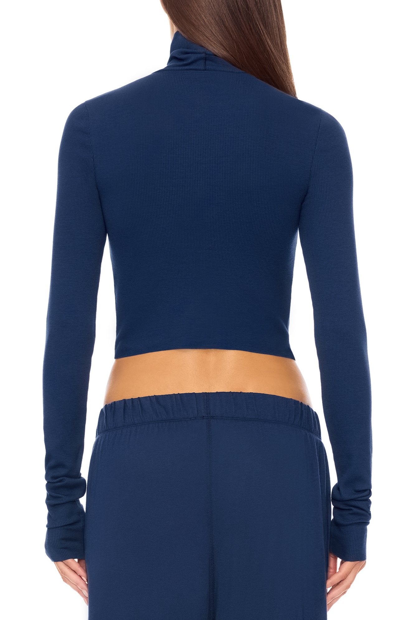 Butter Rib Cropped Fitted Turtleneck Top Navy