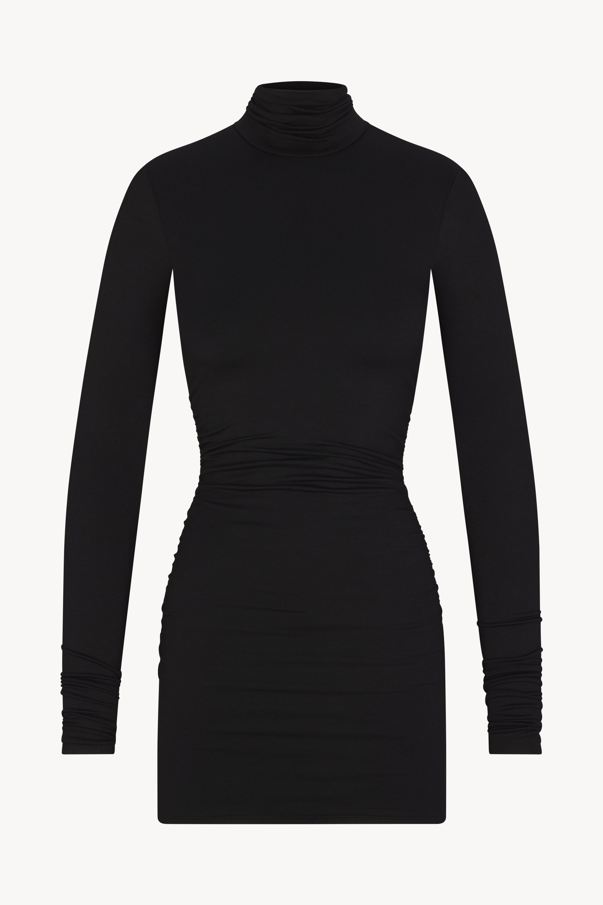 ÉTERNE LONG SLEEVE RUCHED TURTLENECK MINI DRESS