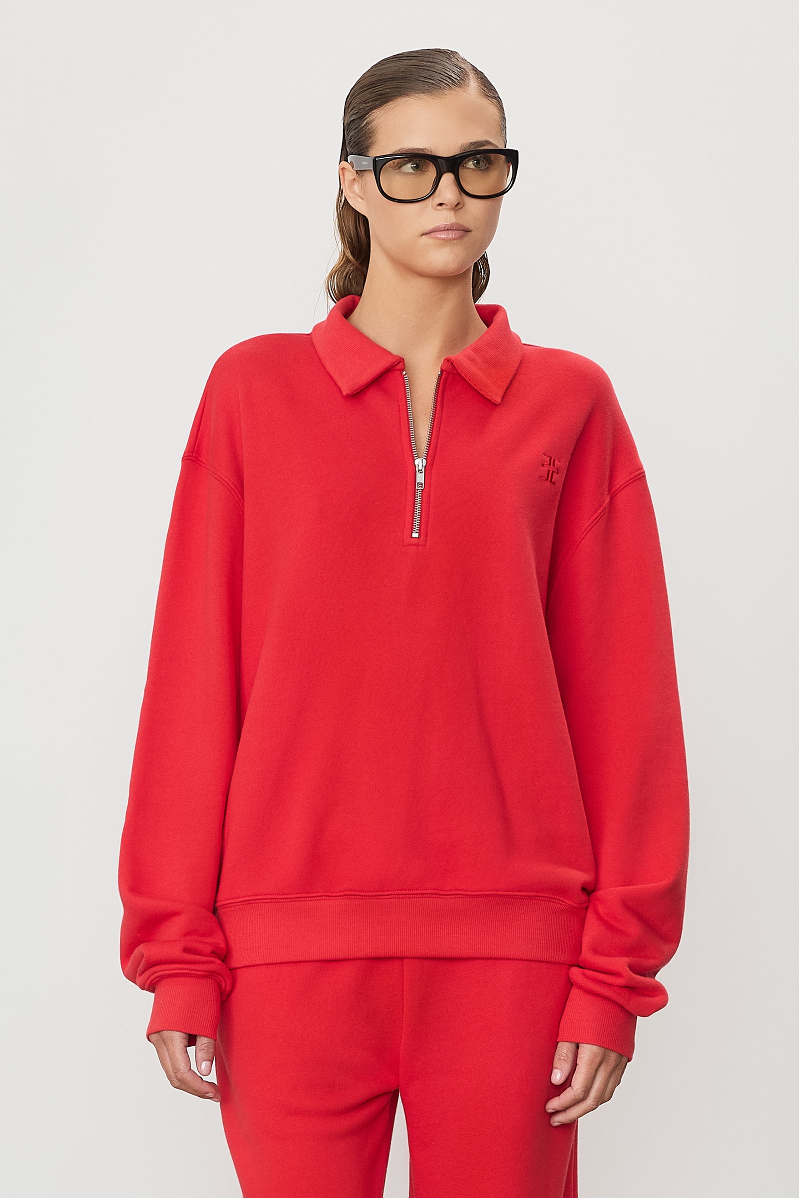 Zip-Up Polo Sweatshirt Rouge - ÉTERNE