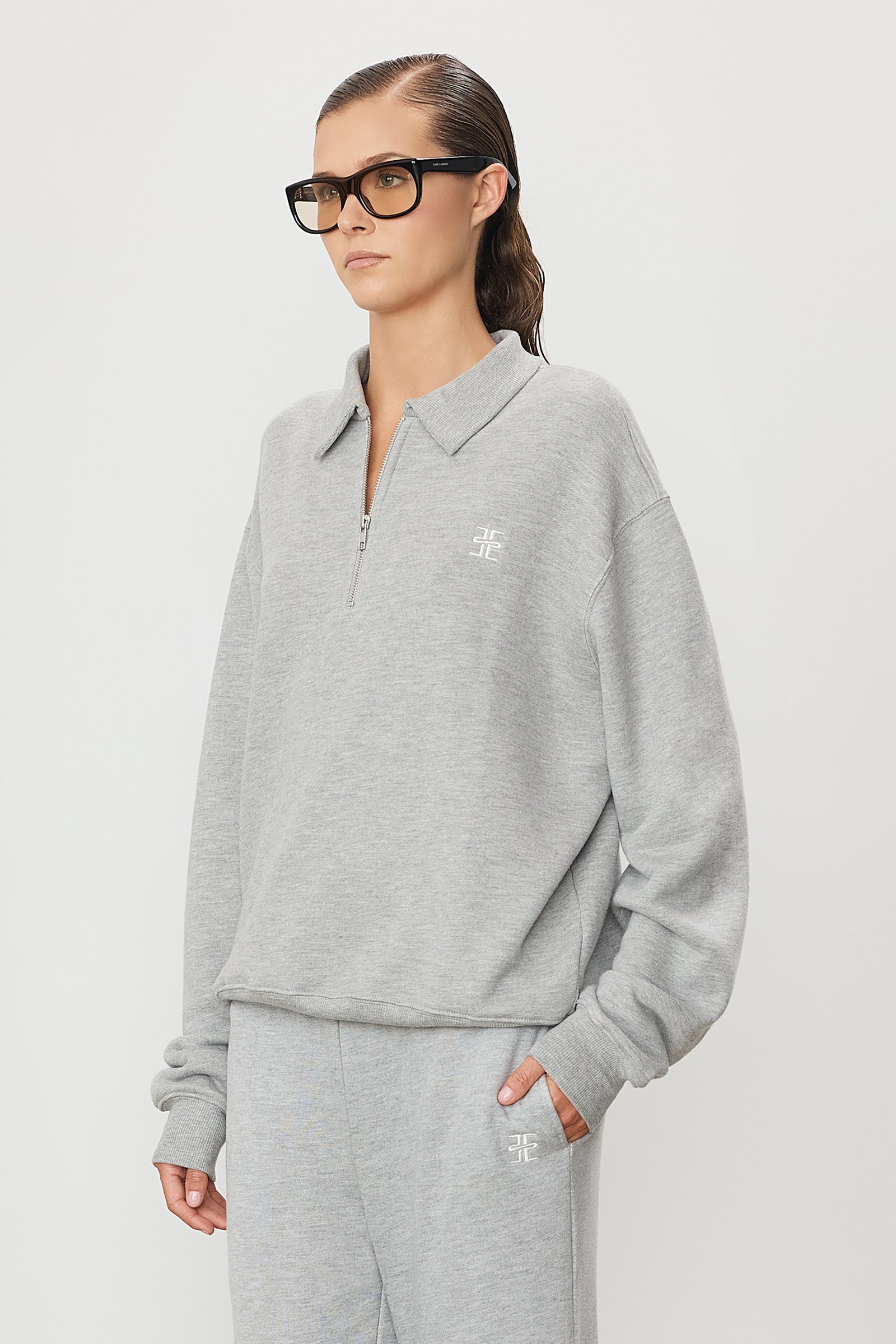 Zip-Up Polo Sweatshirt Heather Grey - ÉTERNE