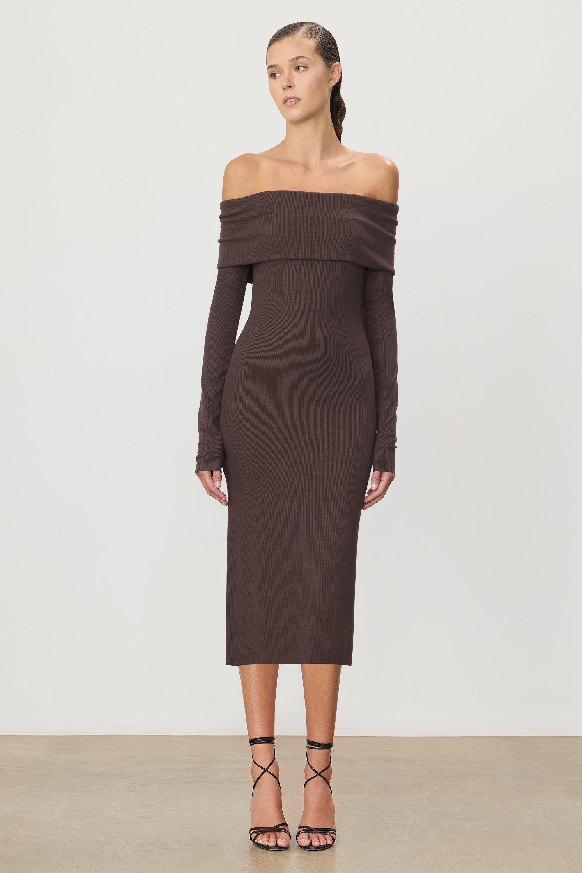 LONG SLEEVE OFF-SHOULDER MIDI DRESS