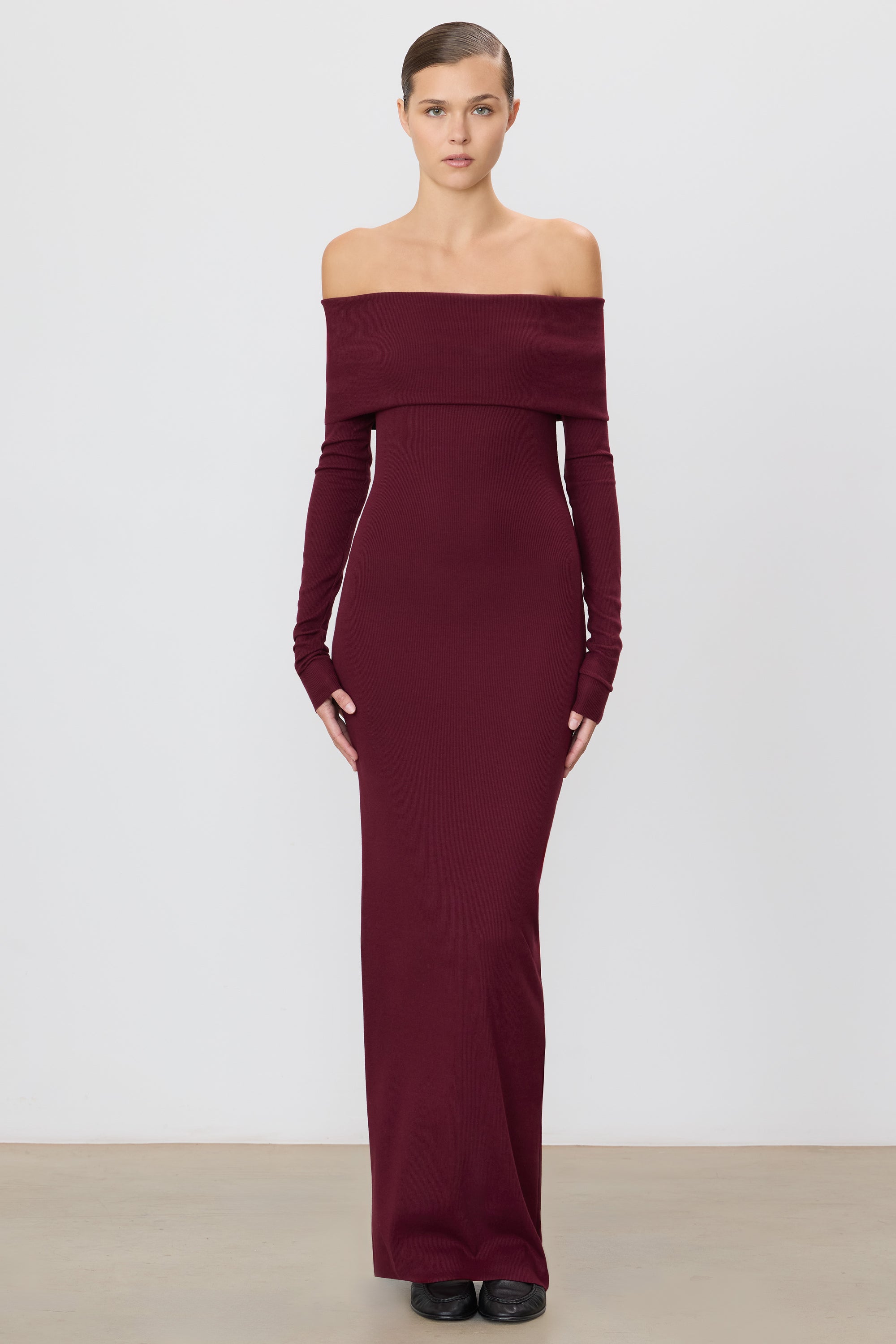 ÉTERNE LONG SLEEVE OFF-SHOULDER MAXI DRESS