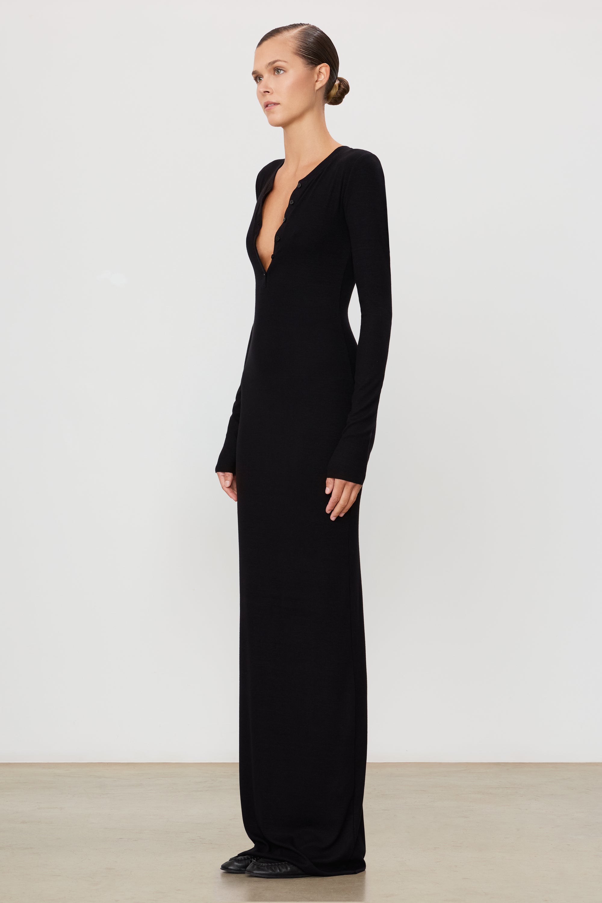 Long Sleeve Henley Maxi Dress | Butter Rib | Black Long Sleeve Henley Maxi Dress | Butter Rib | Black