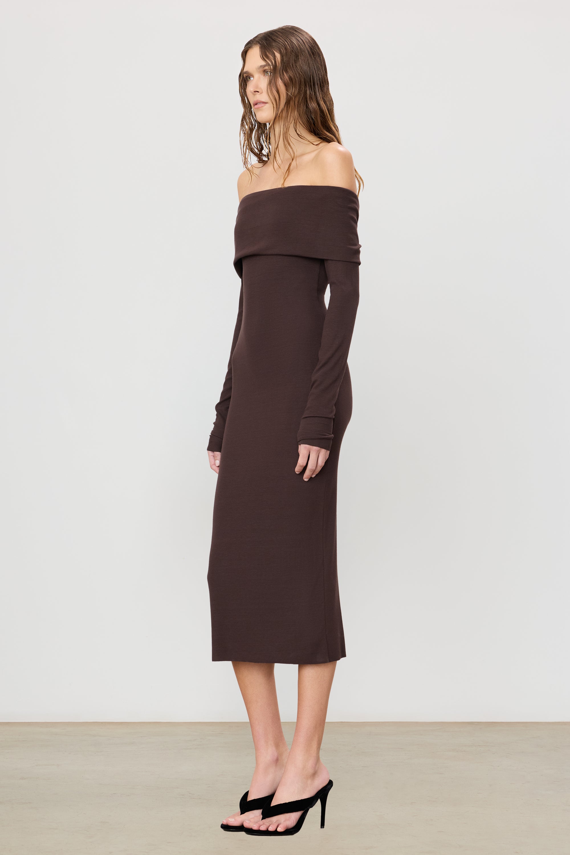 Long Sleeve Off-shoulder Midi Dress | Butter Rib Long Sleeve Off-shoulder Midi Dress | Butter Rib