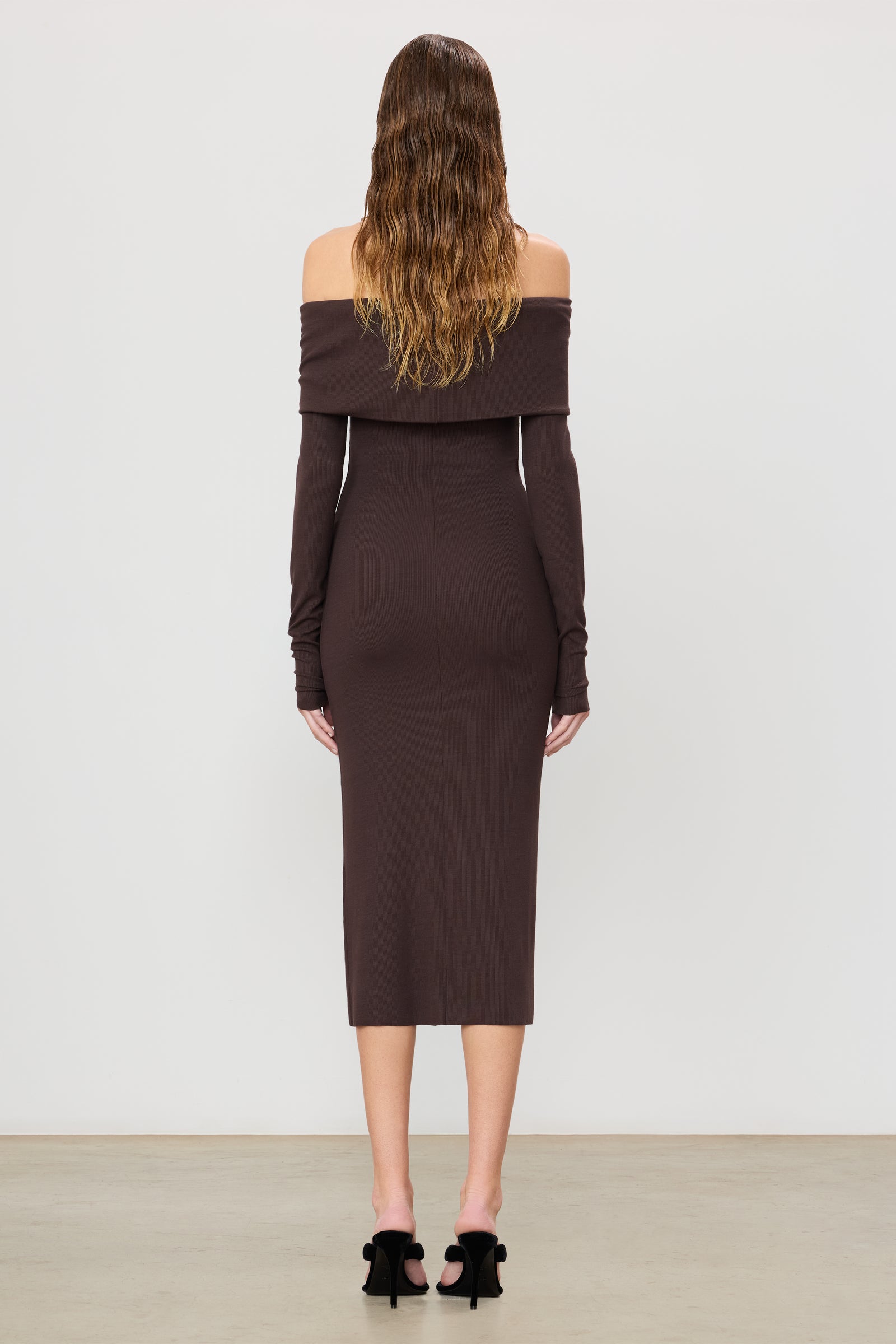 cold shoulder long sleeve midi dress Black Off Shoulder Ruched Long Sleeve Midi Dress PinkBlush