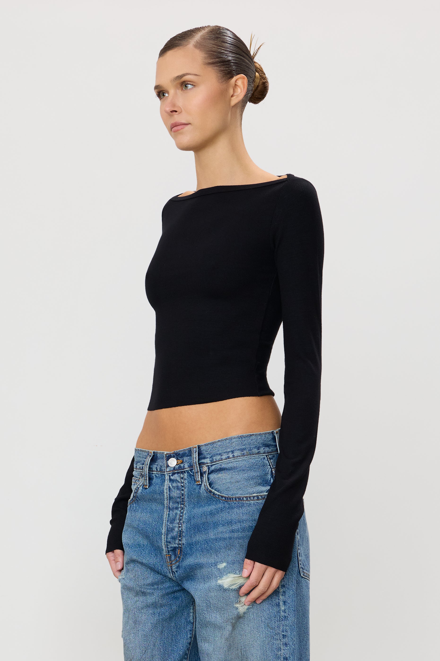 Long Sleeve Boatneck Top | Butter Rib | Black