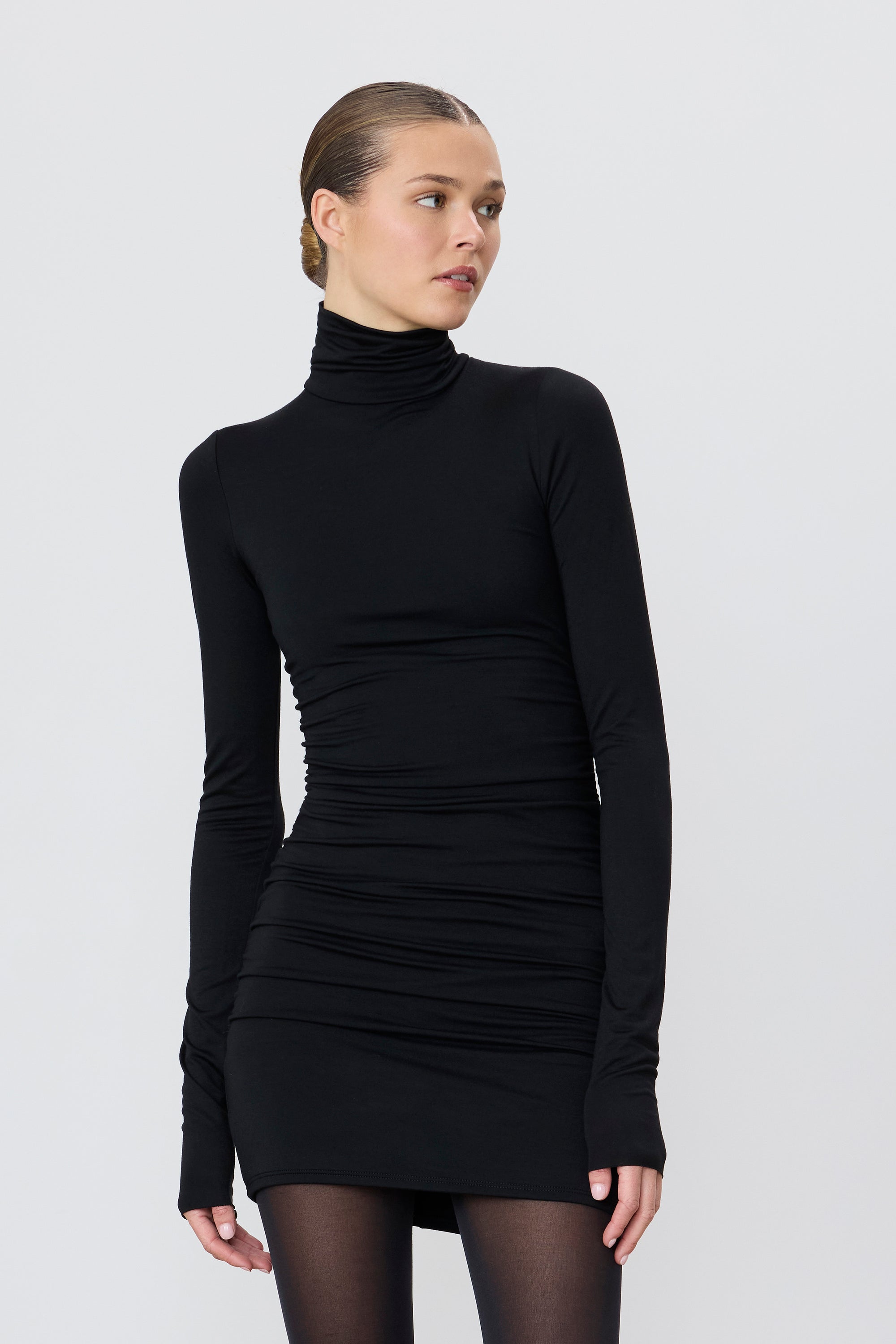 ÉTERNE LONG SLEEVE RUCHED TURTLENECK MINI DRESS