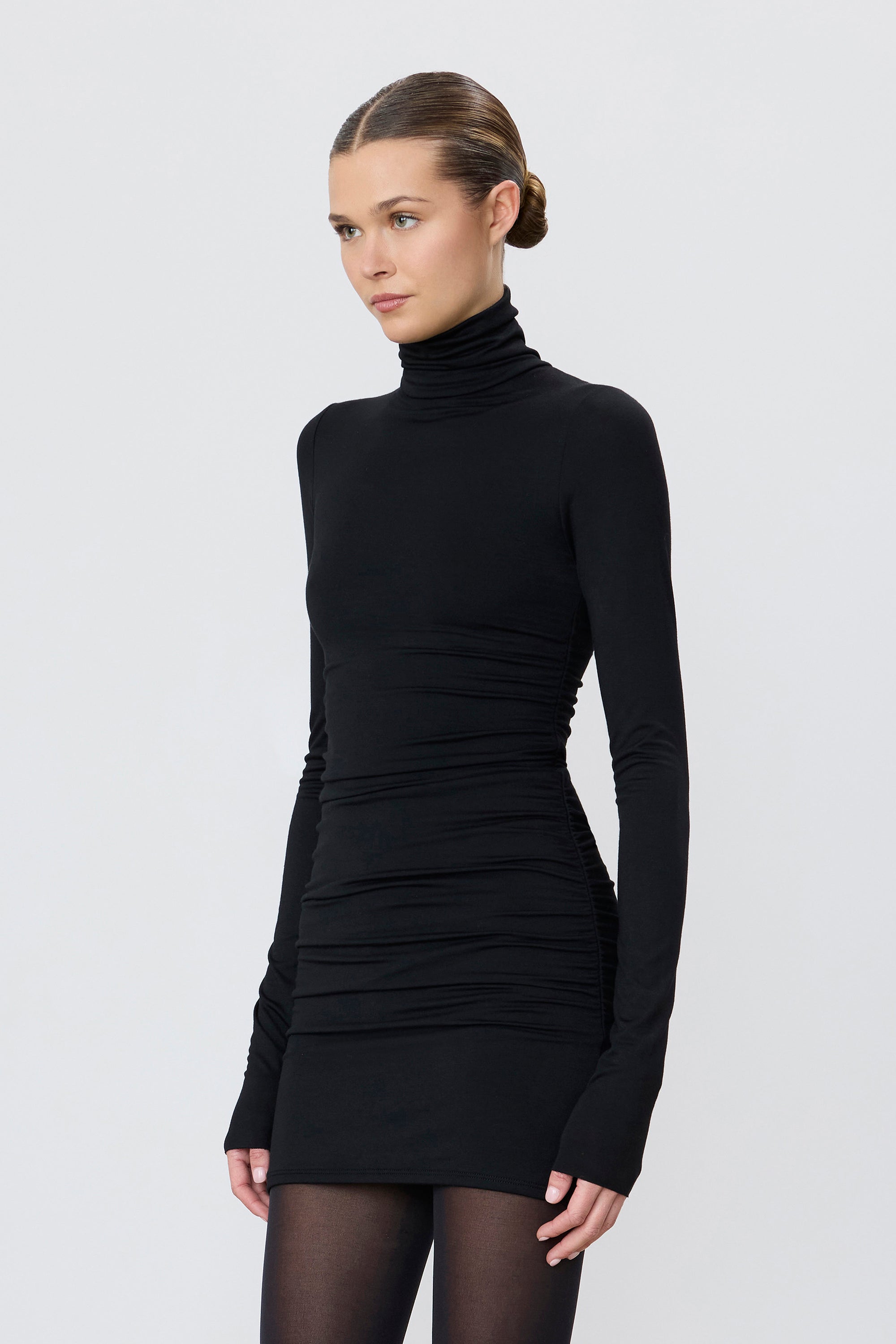 Long Sleeve Ruched Turtleneck Mini Dress | Soft Jersey Long Sleeve Ruched Turtleneck Mini Dress | Soft Jersey