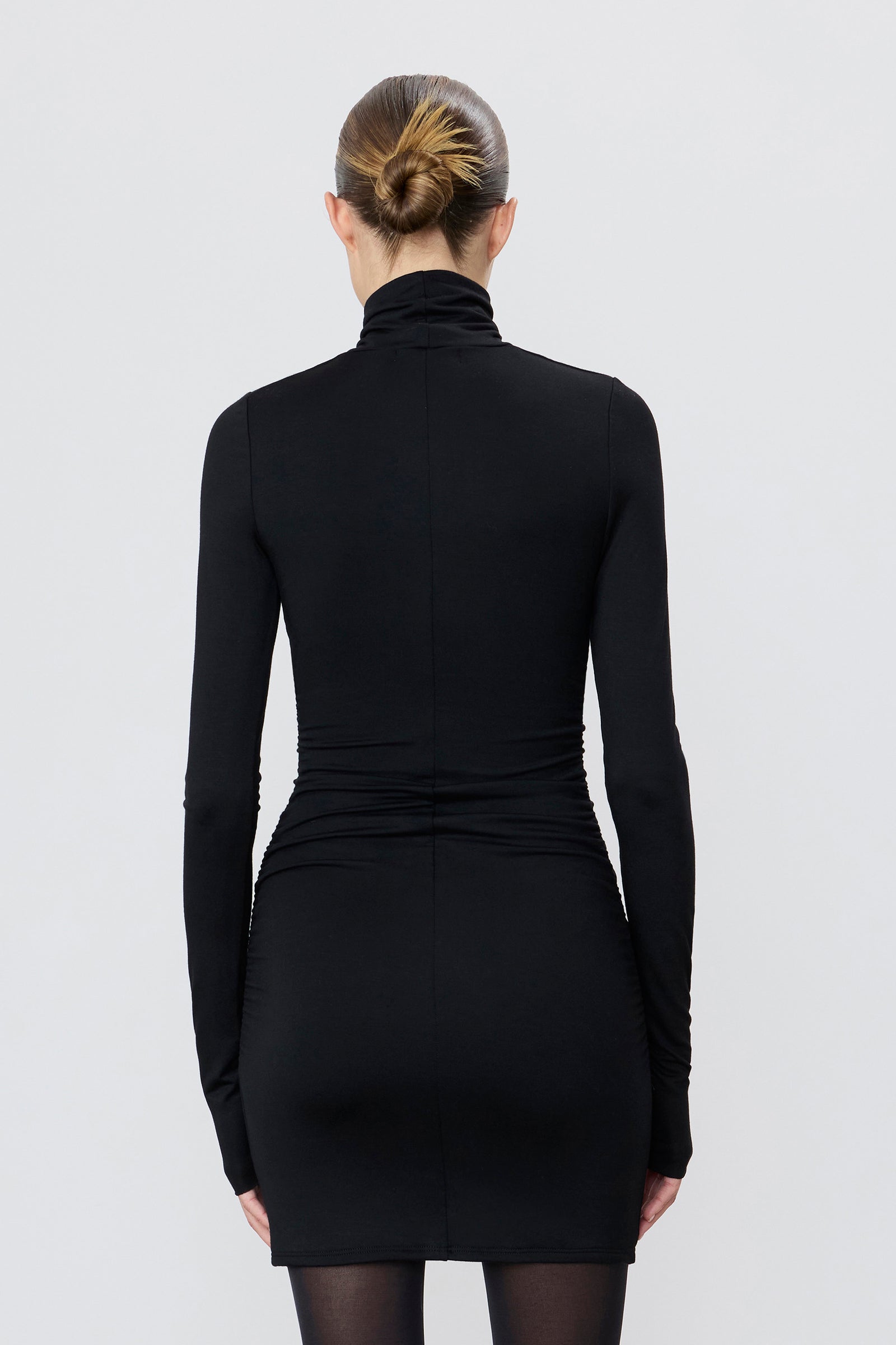 ÉTERNE LONG SLEEVE RUCHED TURTLENECK MINI DRESS