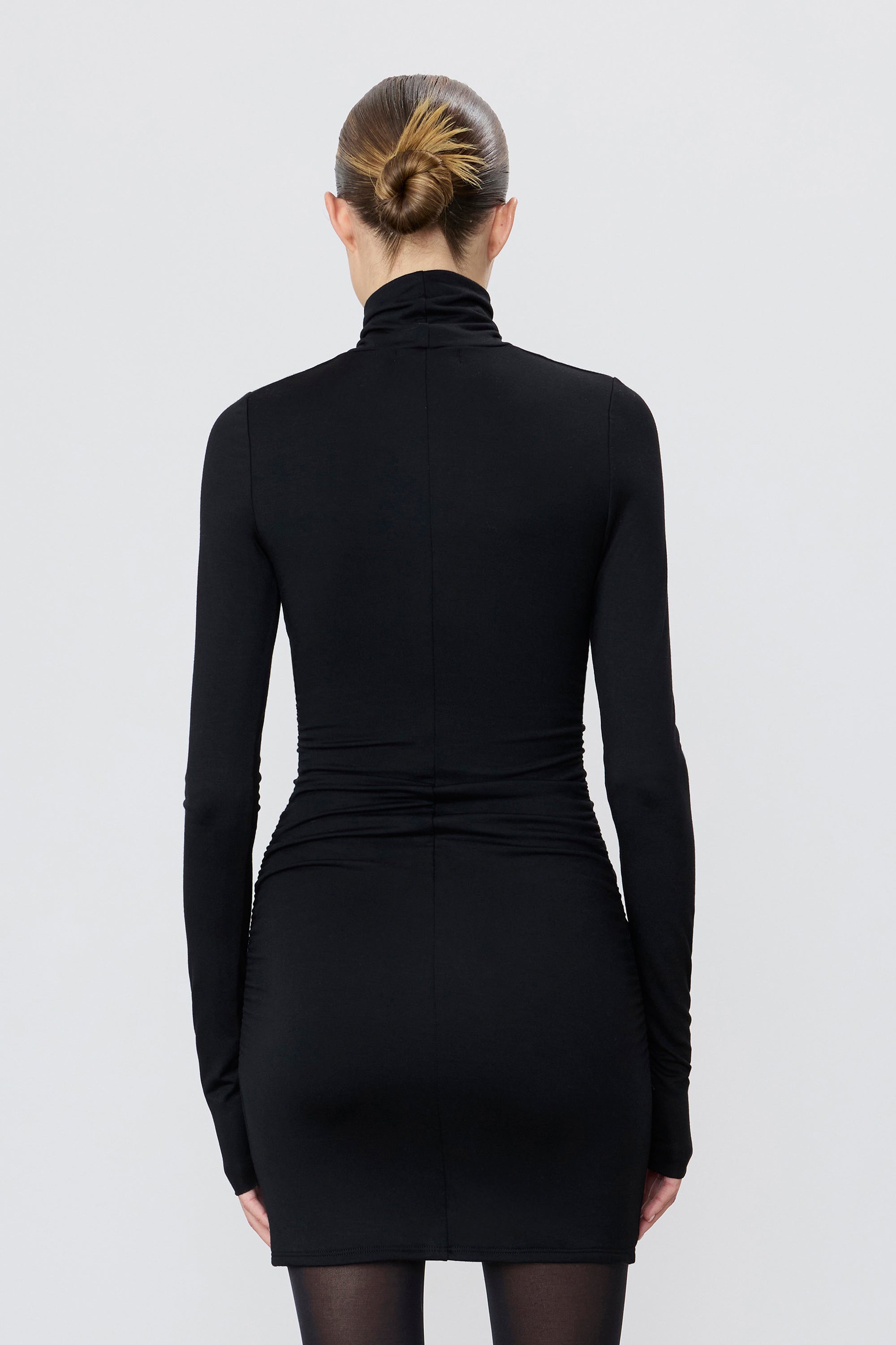 ÉTERNE LONG SLEEVE RUCHED TURTLENECK MINI DRESS