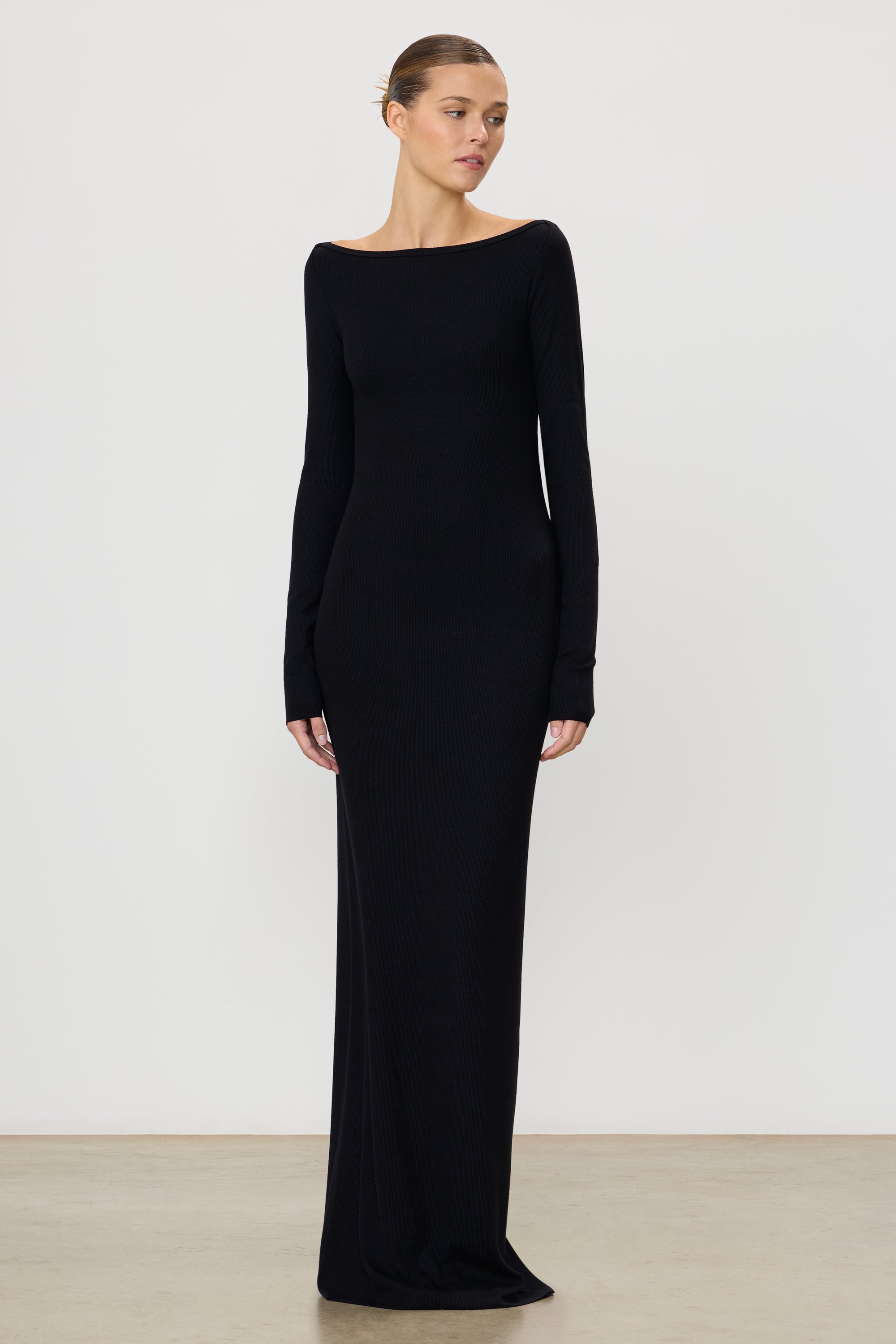 boat neck long sleeve dress Eterne Long Sleeve Boatneck Maxi Dress in Black