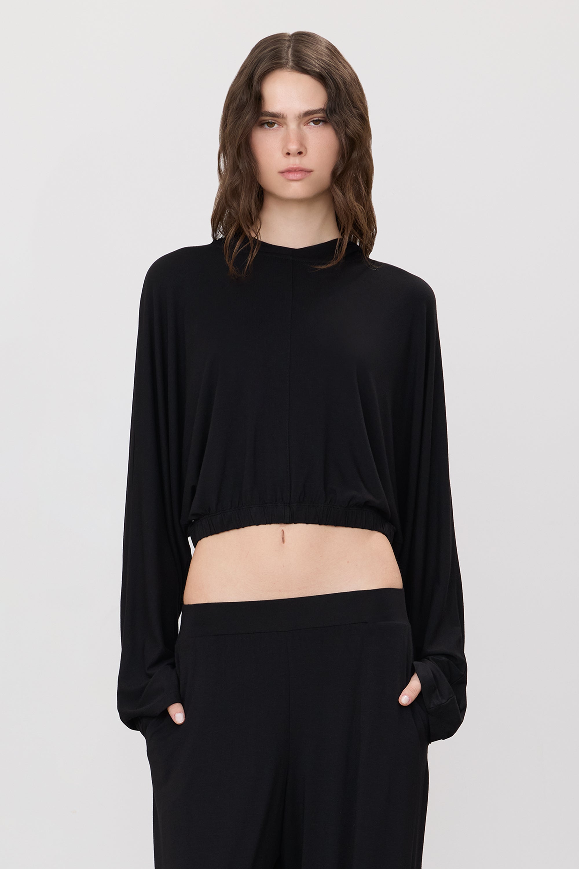Cropped Hooded Top | Soft Jersey | Black