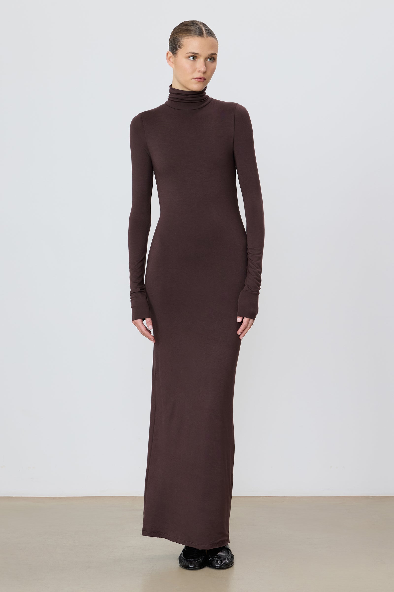 Long Sleeve Turtleneck Maxi Dress | Soft Jersey | Espresso Long Sleeve Turtleneck Maxi Dress | Soft Jersey | Espresso