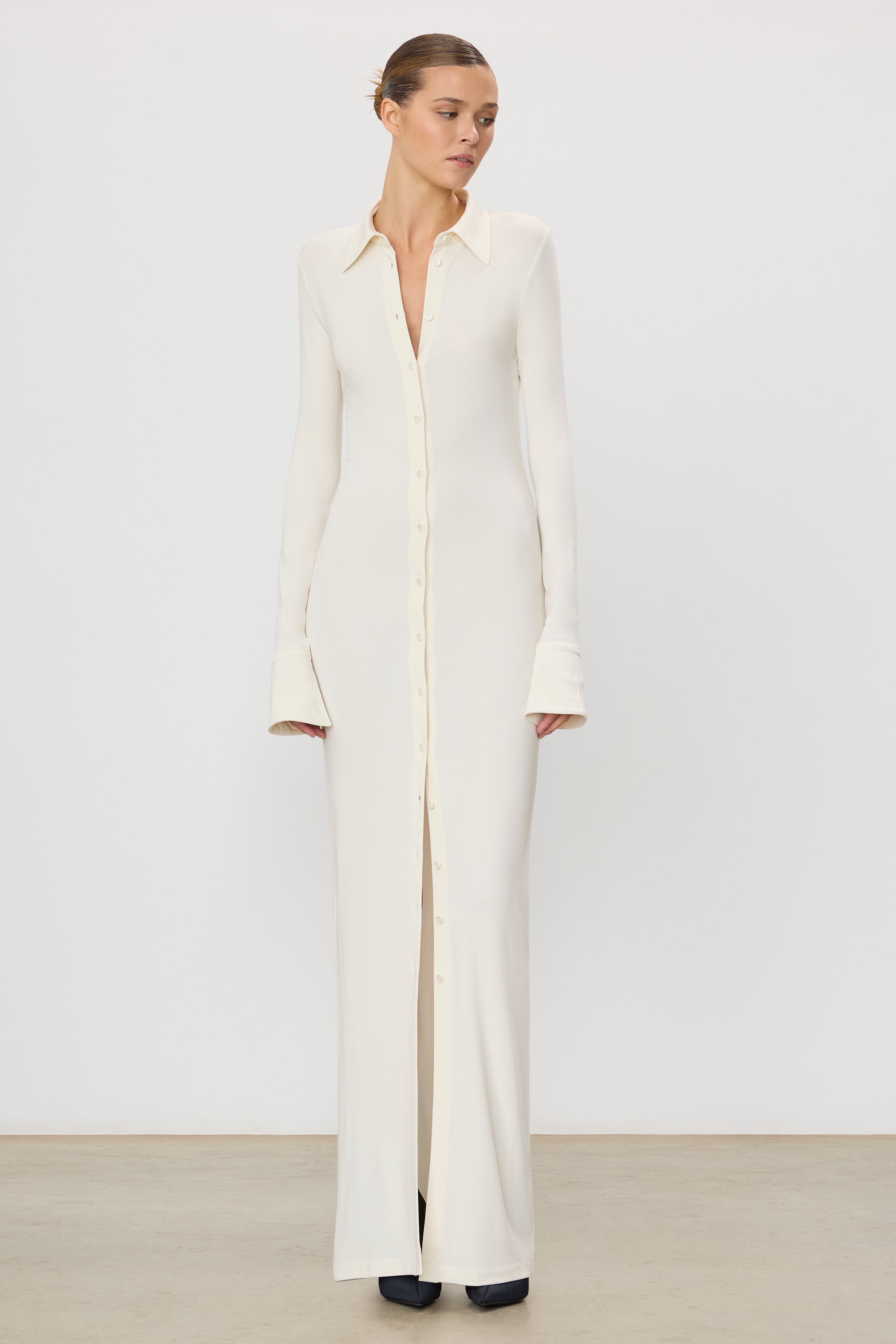 ky309 ETRO ロング丈ドレスシャツ 綿100 オフホワイト 43 Georgia Maxi Dress | Matte Jersey | Ivory
