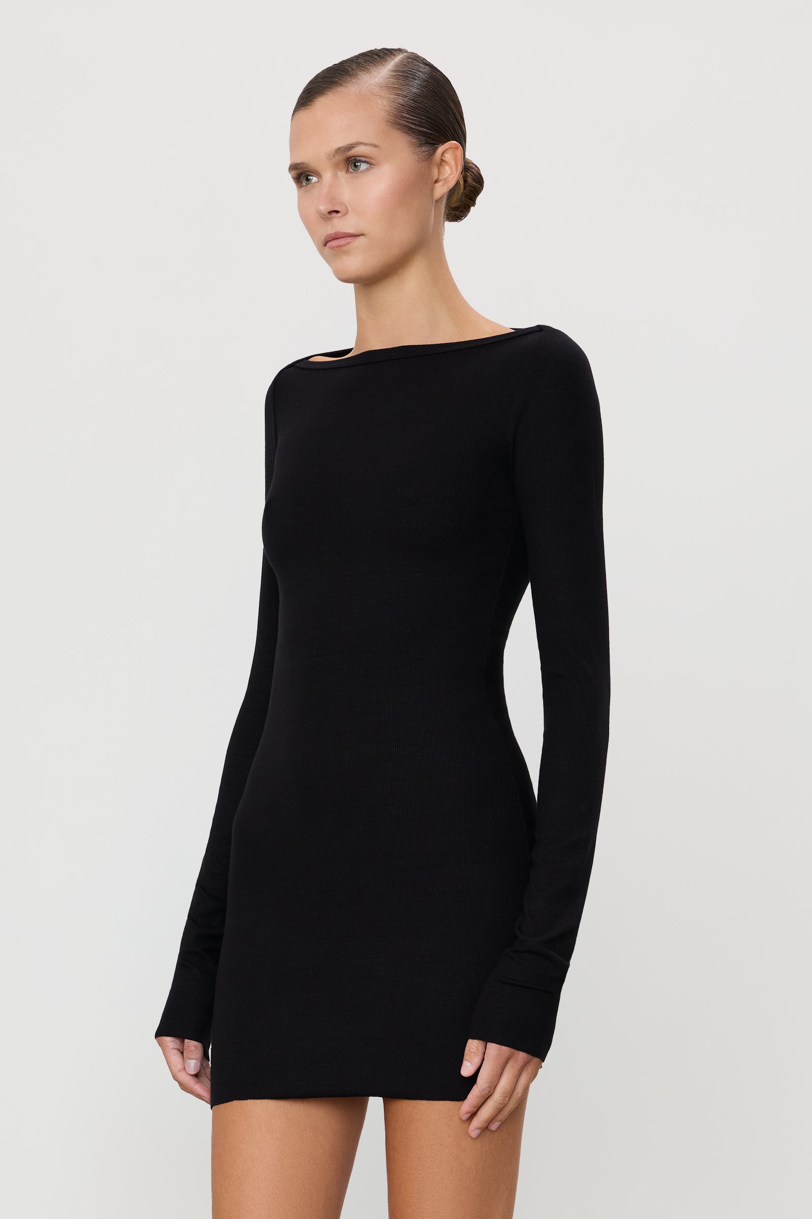 Eterne Long Sleeve Boatneck Mini Dress in Black