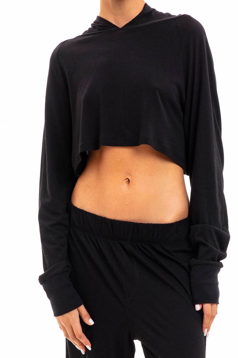 LONG SLEEVE CROPPED HOODIE T-SHIRT BLACK Shirts Eterne 