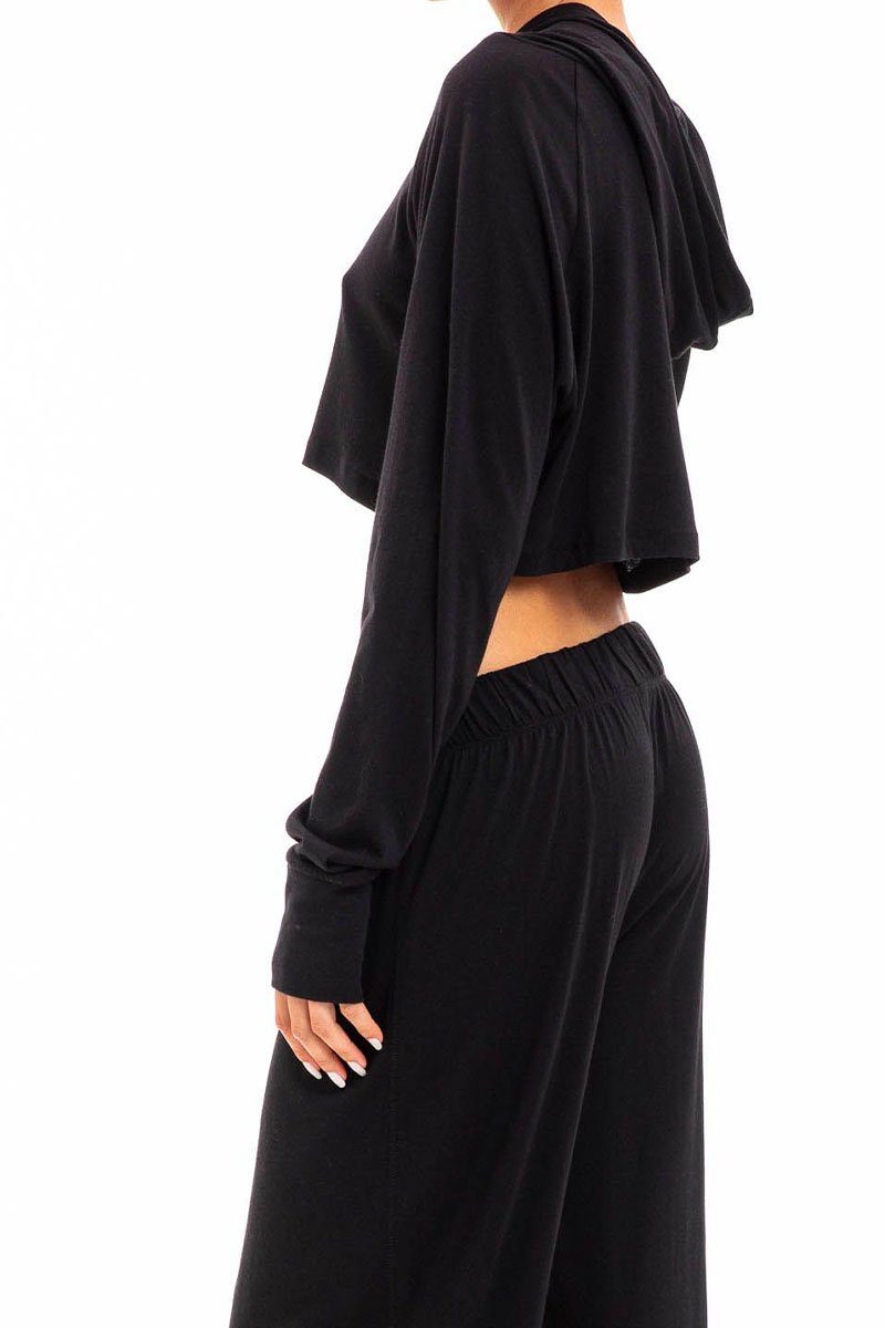 LONG SLEEVE CROPPED HOODIE T-SHIRT BLACK Shirts Eterne 