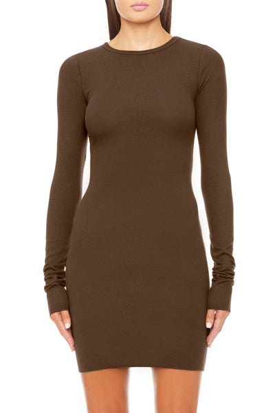 Long Sleeve Crewneck Mini Dress Chocolate