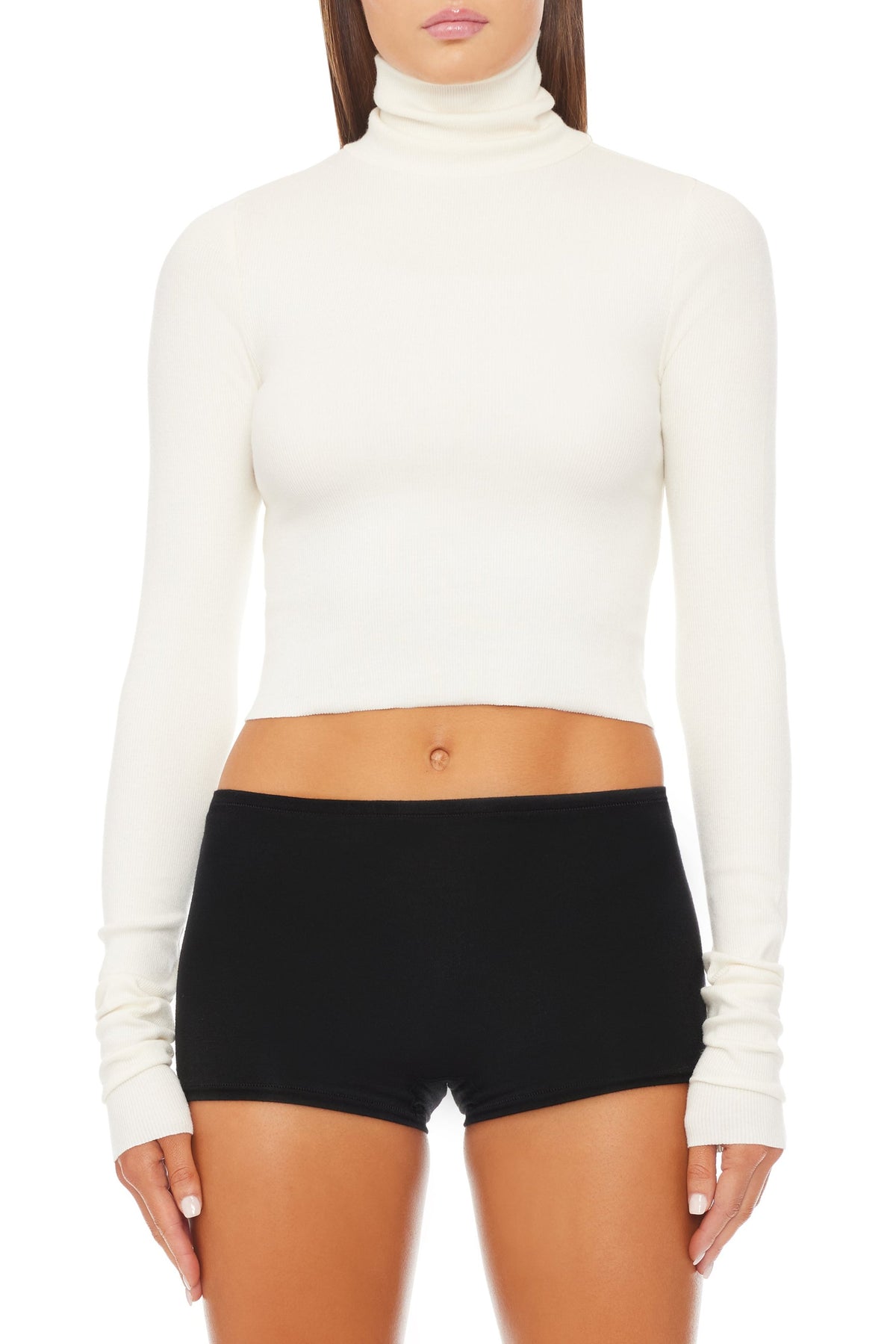 Cropped Fitted Turtleneck Top Cream