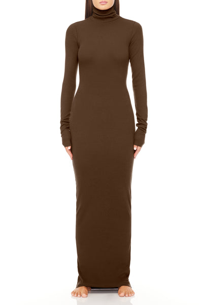 Long Sleeve Turtleneck Maxi Dress Chocolate