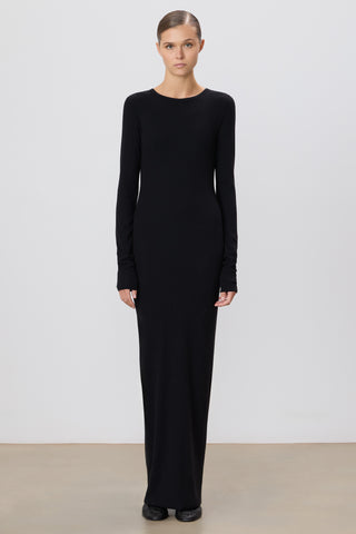 black maxi dress with sleeves Eterne Long Sleeve Crewneck Maxi Dress