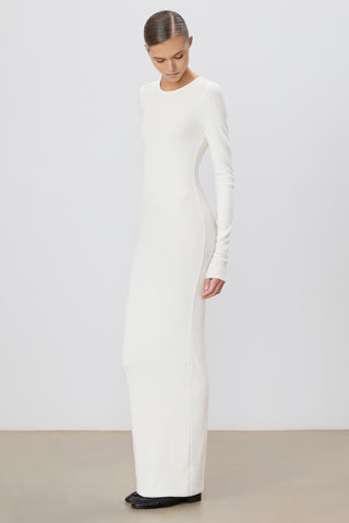 white ribbed maxi dress long sleeve Eterne Long Sleeve Crewneck Maxi Dress in Cream