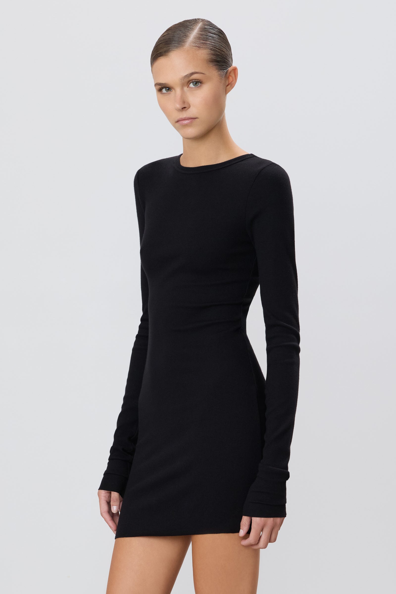 Long Sleeve Crewneck Mini Dress | Butter Rib | Black Long Sleeve Crewneck Mini Dress | Butter Rib | Black